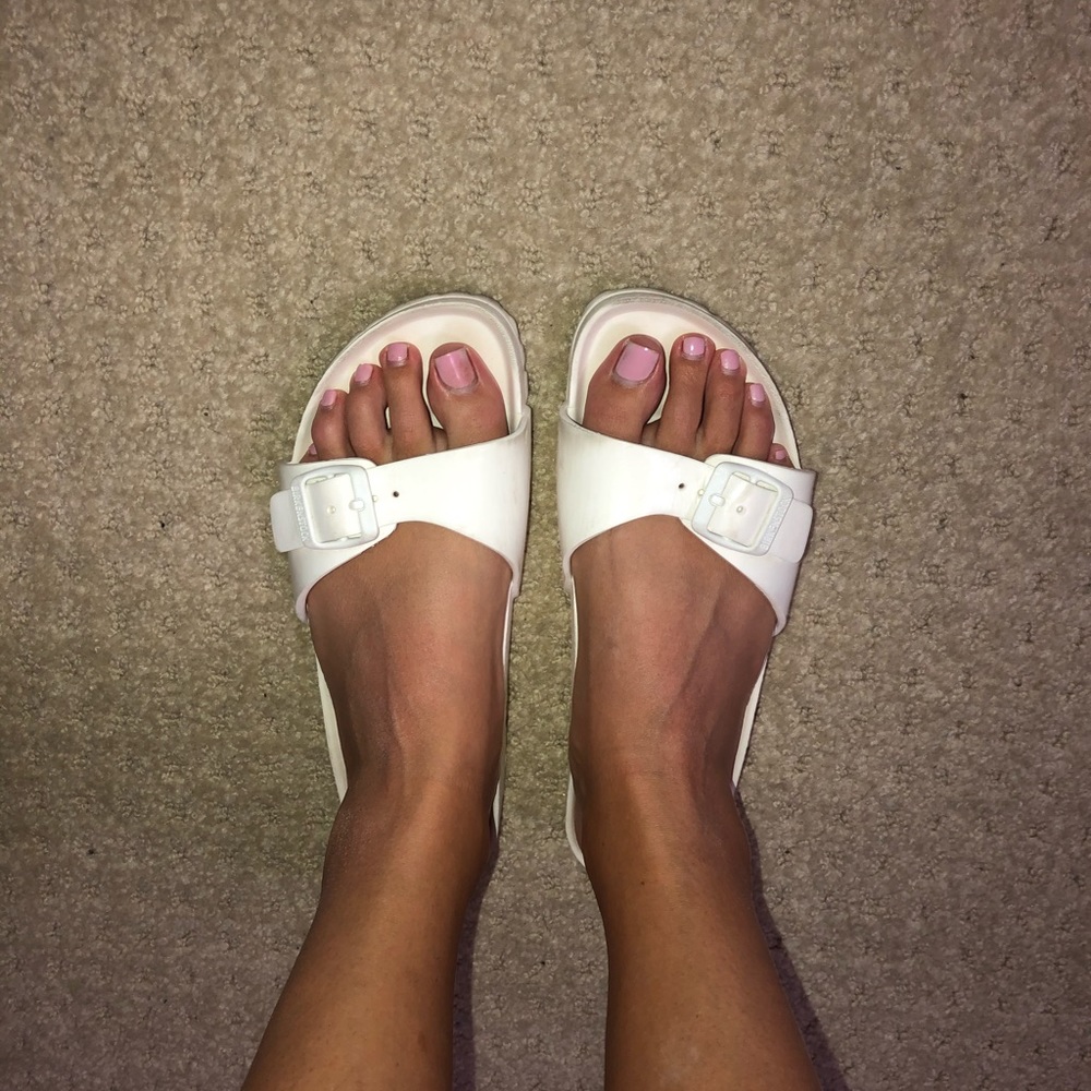 White Birkenstock flip flops